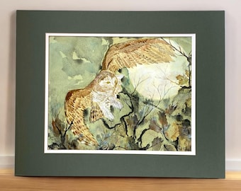 Tawny Owl Watercolour – Glastonbury Moonlight Art, 20x14 inch