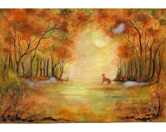 Art original "Samhain Forest Whispers": Original Acrylic Painting with Deer & Fox.
