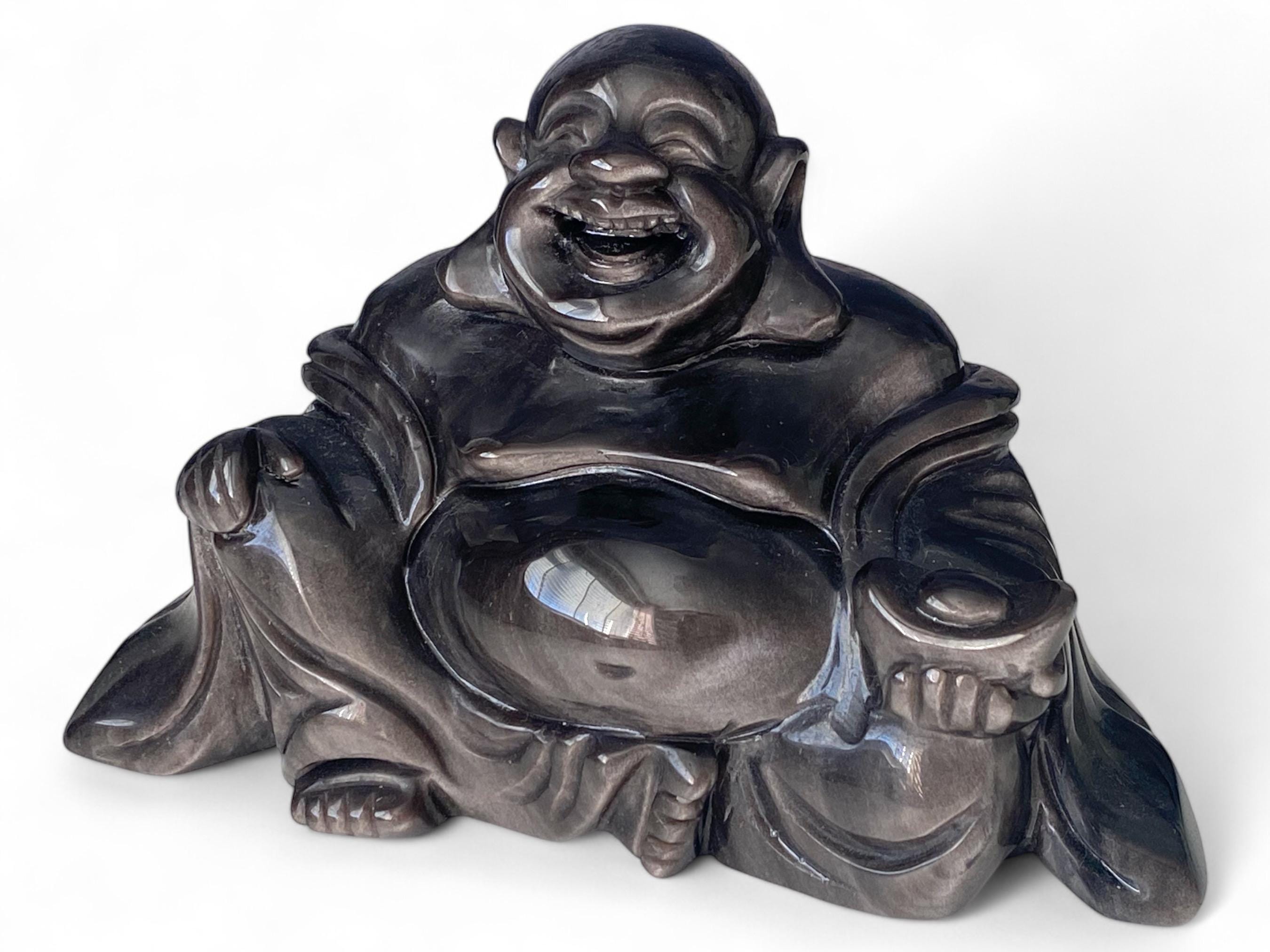 Black Obsidian Silver Sheen Crystal Buddha Carving - "Connection to Earth and the Heavens, a Shaman crystal with Buddha wisdom".