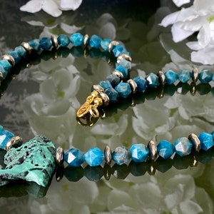 Malachite freeform Boho Necklace Pendant with Apatite faceted beads and Hematite spacers.