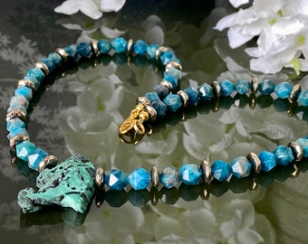 Malachite freeform Boho Necklace Pendant with Apatite faceted beads and Hematite spacers.