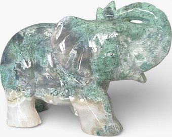 Green Moss Agate Crystal Elephant Carving -Animal Spirit of Strength, Growth & Protection.