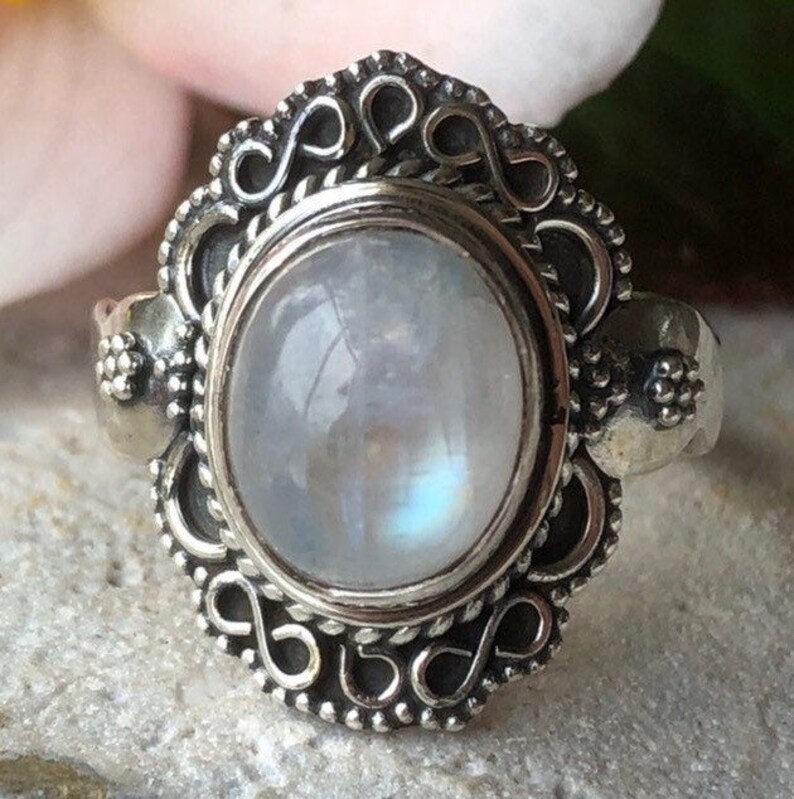 Rainbow Moonstone Bali Design 925 Sterling Silver Ring image 4