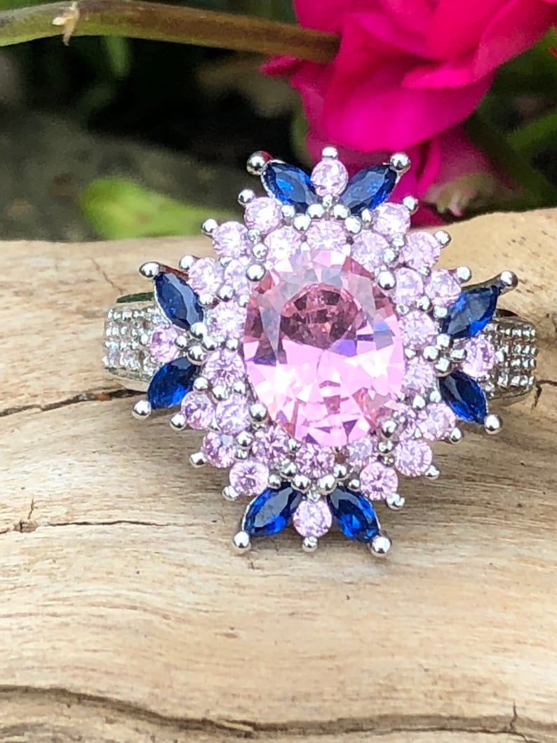 Pink /& Blue Marquise Sapphire 925 Silver Ring