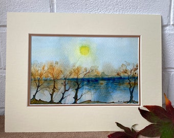 Pintura original em aquarela "Sol de Outono", assinada, técnica mista.