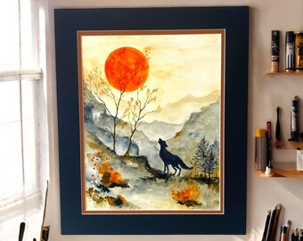 Wolf Howling at Fire Moon Watercolour Painting - Original Artwork (24 x 20 inch)