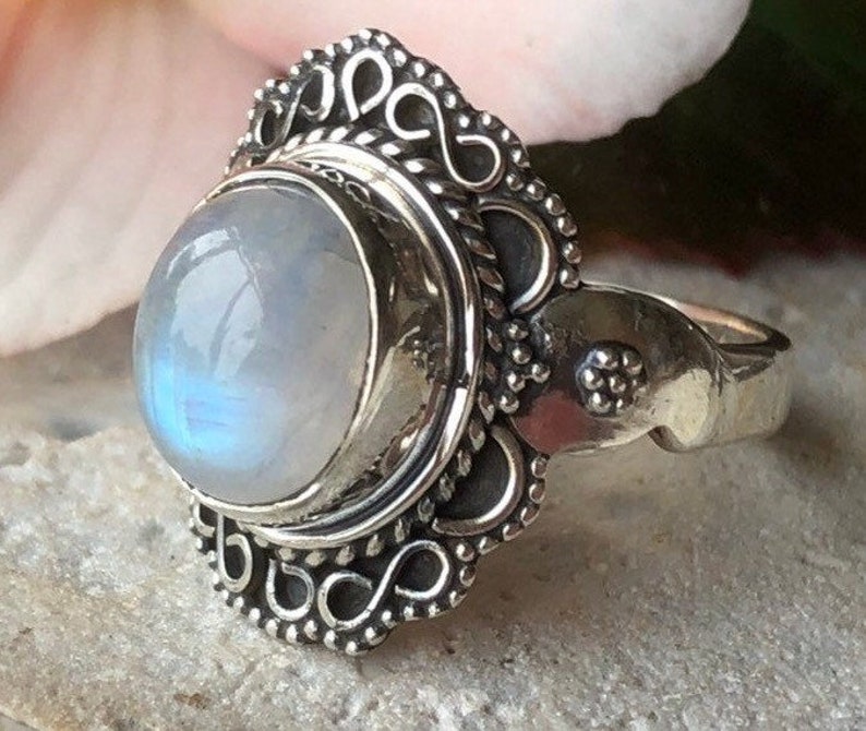 Rainbow Moonstone Bali Design 925 Sterling Silver Ring image 1