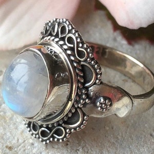 Rainbow Moonstone Bali Design 925 Sterling Silver Ring image 3