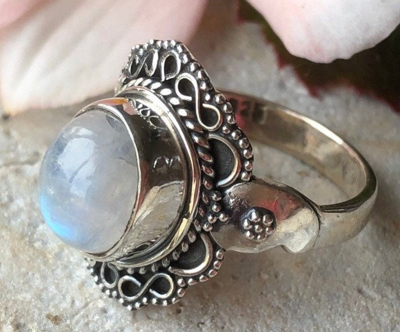 Rainbow Moonstone Bali Design 925 Sterling Silver Ring image 3