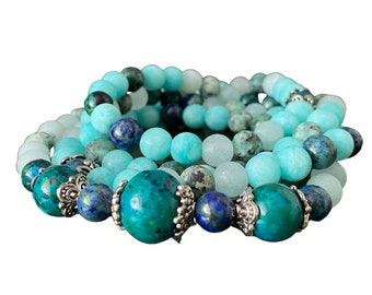 Azurite,Malachite and Blue Agate mix Hand crafted Crystal Beaded Boho style Mala Bracelet.