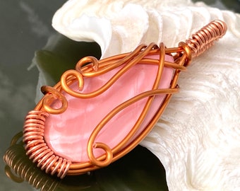 Pink Opal Crystal Boho style Copper Wire Wrap Hand crafted Pendant.