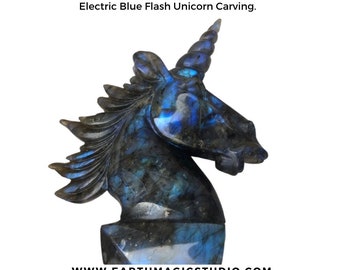 Outstanding Top Grade Labradorite Crystal Electric Blue Flash Unicorn Carving.