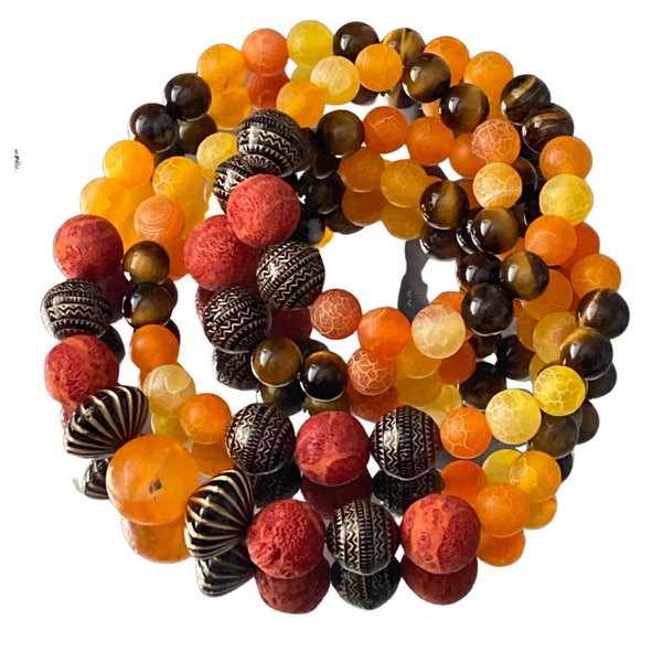 Fire Agate and Tigers Eye crystal beaded Boho Mala Bracelet - "expressing divine female energies connected to the sacral plexus chakra".
