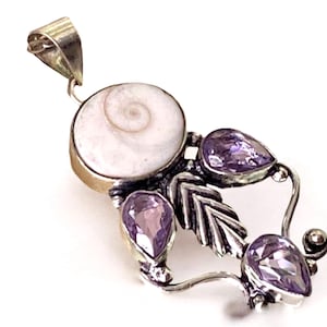 Shiva Eye Shell & Amethyst Gemstone Bohemian Style Handcrafted Silver Pendant.