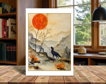 Howling Wolf Under the Orange Full Moon Digital Download