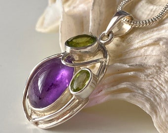 Amethyst & Peridot 925 Sterling Silver Hand Crafted Pendant.