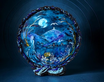 Shamanic Frame Drum: Blue Moon Over Avalon Artwork by Rose