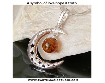 Cognac Baltic Amber Sterling Silver Moon Pendant – Celestial Jewelry