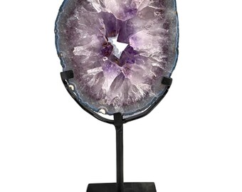 Amethyst Geode Crystal Slice (Brazil) with custom made metal display stand.