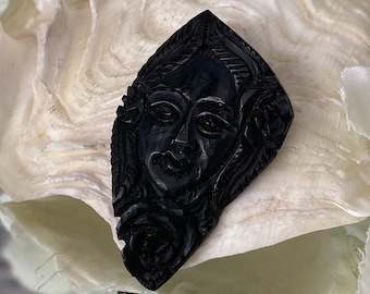 Unique Whitby Jet (North East Yorkshire Coast England) Victorian period Amulet Goddess Face Carving.