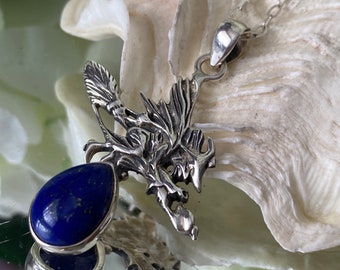 Brazilian Blue Lapis Lazuli 925 Sterling Silver "Flying Witch on Broomstick" Pendant.