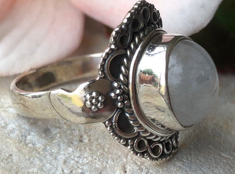 Rainbow Moonstone Bali Design 925 Sterling Silver Ring image 2