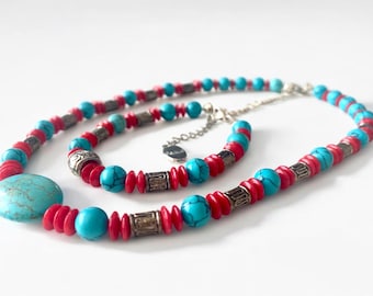 Turquoise & Red Coral Beaded Necklace with Matching Bracelet Set - Handmade Boho Jewellery