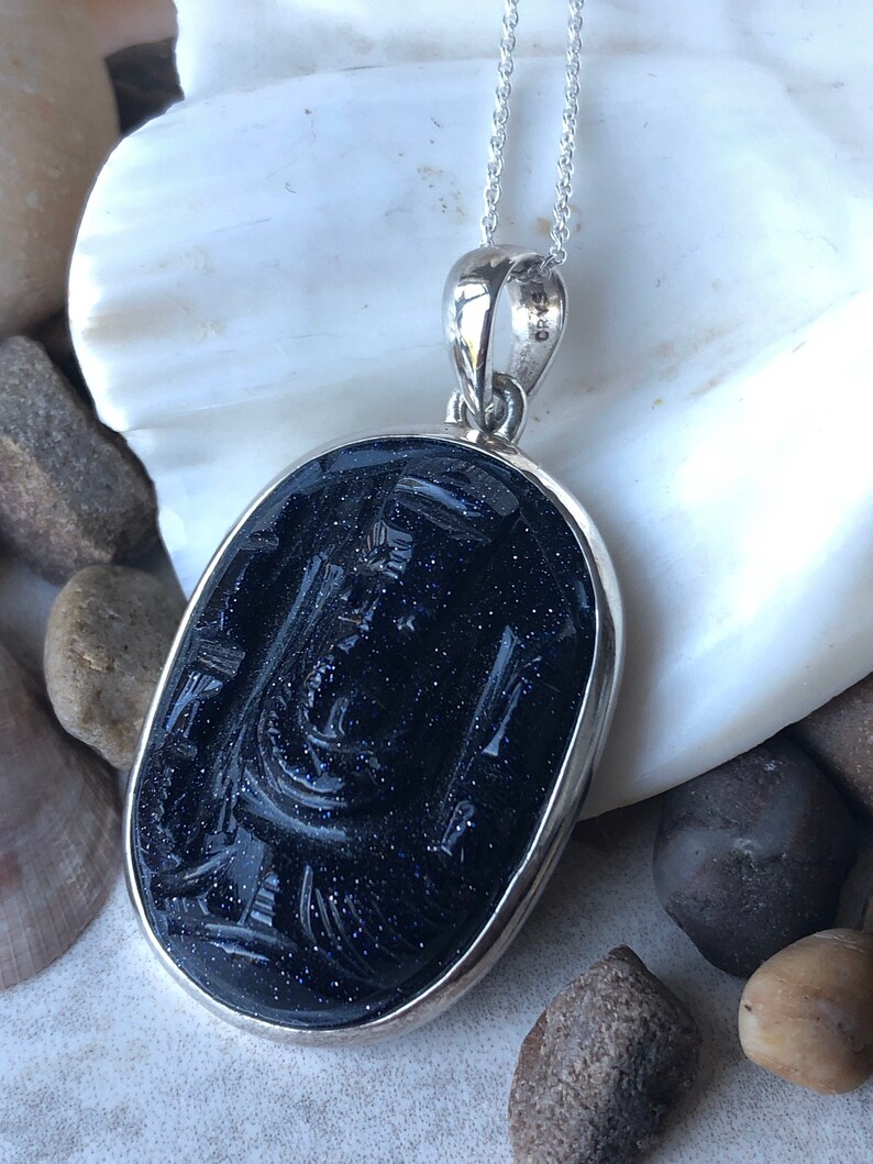 The God of all Beginings Blue Goldstone Carved Ganesha Elephant Head design 925 Sterling Silver Pendant.