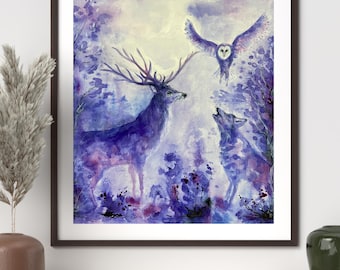 Original Watercolour & Ink Artist signed "Whispers of the Triple Moon Goddess" Spirit Animal Painting.