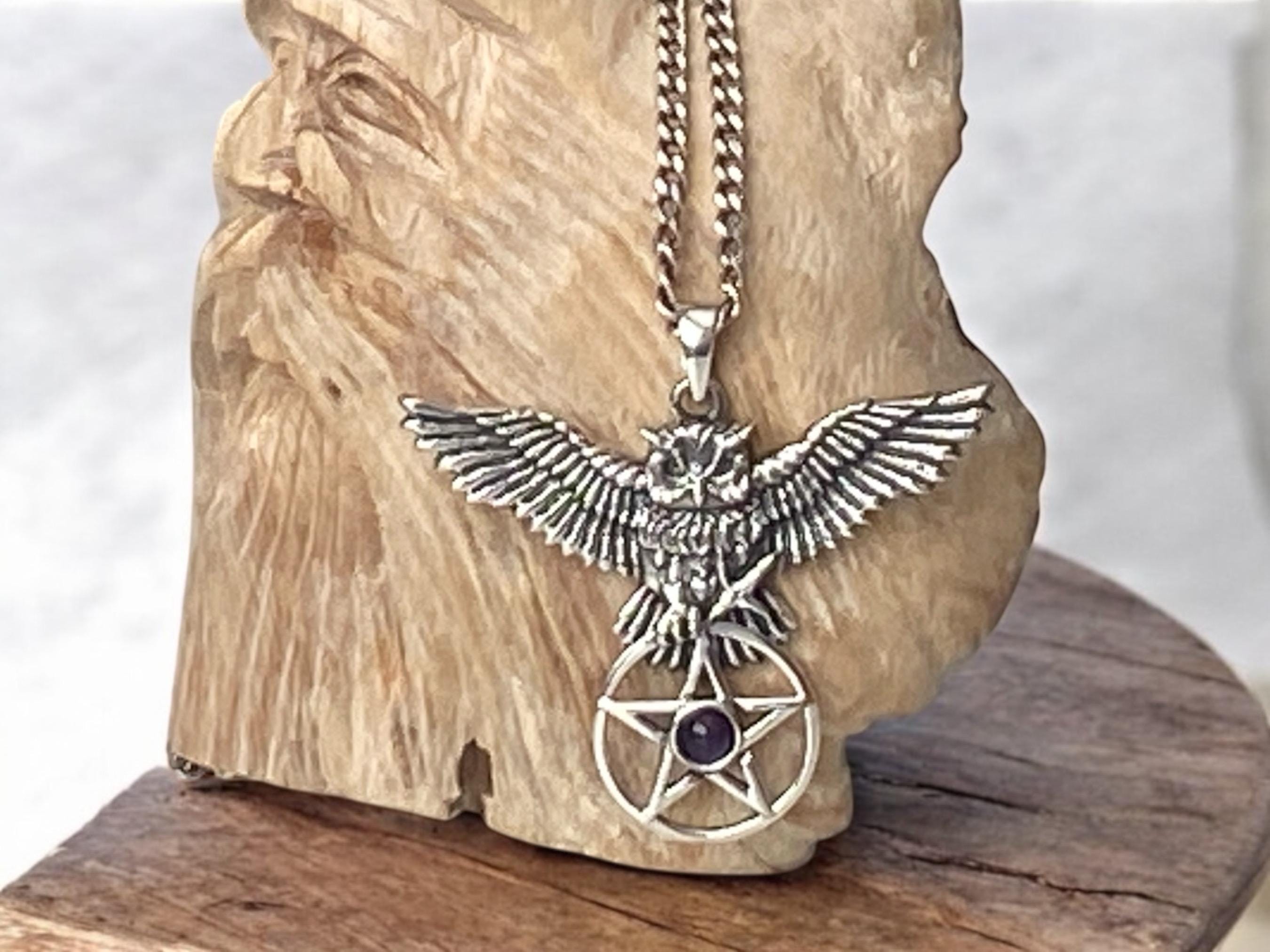 フクロウの知恵 – 925スターリングシルバーアメジスト五芒星ペンダント