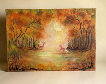 Art original "Samhain Forest Whispers": Original Acrylic Painting with Deer & Fox.