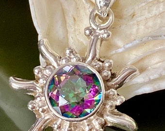 Mystic Rainbow Topaz 925 Sterling Silver Hand crafted Sun burst Pendant.