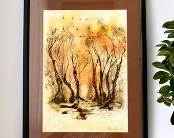 Original Artist signed Watercolour & Ink Painting "Fire Trees"
