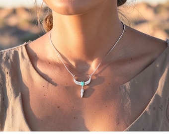 Larimar & Aquamarine Sacred Feather 925 Sterling Silver Necklace