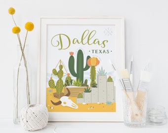 Dallas Succulent Skyline Art Print 8x10" or 11x14" – ART0001