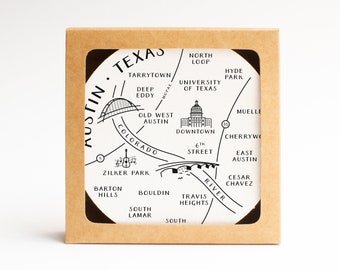 Letterpress Coaster Set of 10 | Austin Texas Neighborhoods Map Housewarming Gift or Travel Keepsake