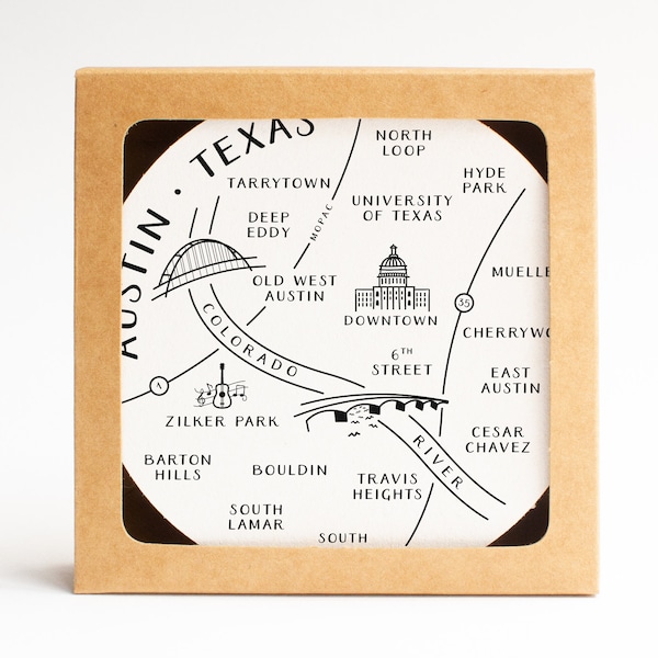 Letterpress Coaster Set of 10 | Austin Texas Neighborhoods Map Housewarming Gift or Travel Keepsake