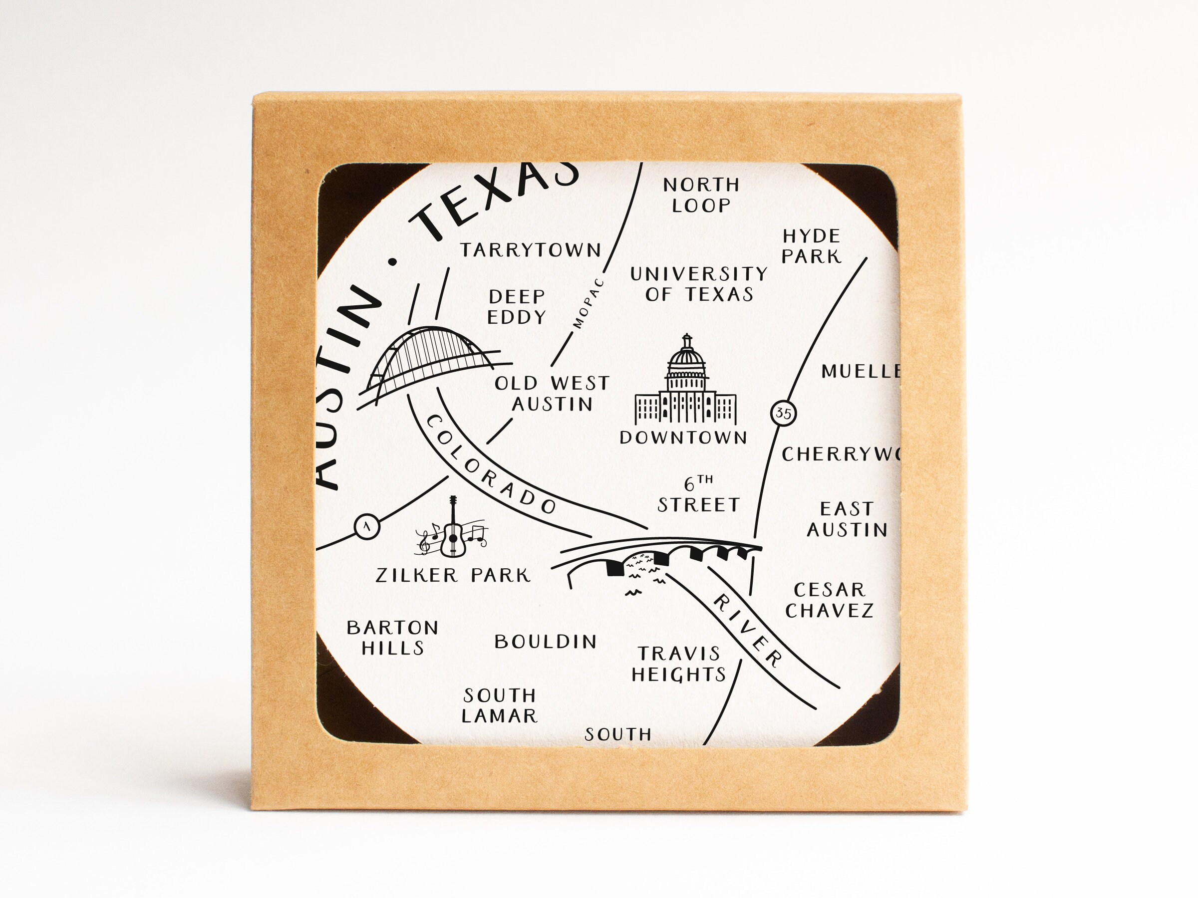 Letterpress Coaster Set de 10 | Fr Austin Texas Neighborhoods Carte Housewarming Gift ou Travel Keep