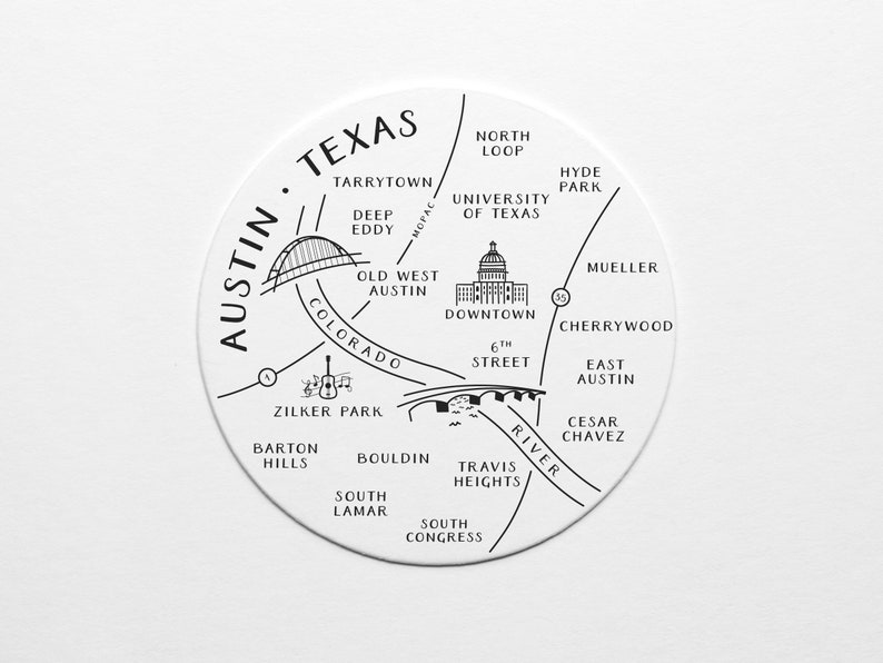 Letterpress Coaster Set of 10 Austin Texas Neighborhoods Map Housewarming Gift or Travel Keepsake image 2