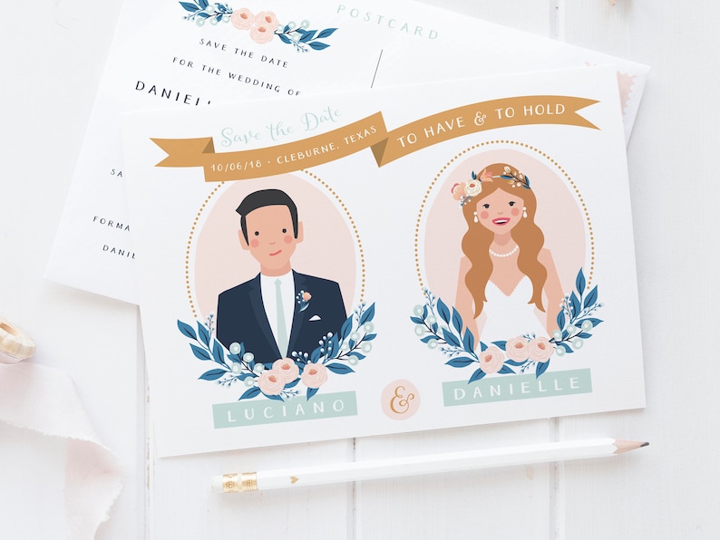 Bride Groom Floral Frame Custom Save the Date Wedding Illustration Postcard