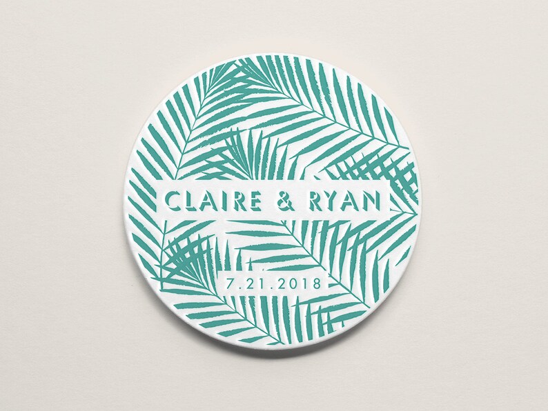 Wedding Decor Wedding Favors Save the Date 4\u201d Round Modern Palm Frond Custom Letterpress Coasters