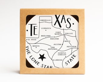 Letterpress Coaster Set of 10 | Texas State Cities Map Housewarming Gift or Travel Keepsake