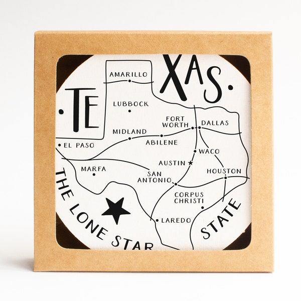 Typographie Coaster Set de 10 | Texas State Cities Carte Pendaison Cadeau de pendaison de crémaillère ou Souvenir de voyage