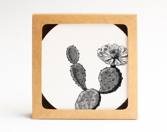 Letterpress Coaster Set of 10 | Vintage Texas Prickly Pear Cactus Etch Housewarming Gift or Travel Keepsake