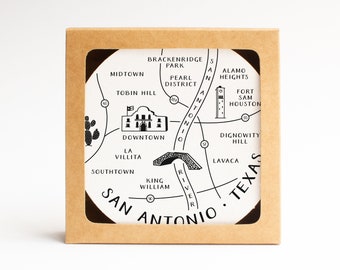 Letterpress Coaster Set of 10 | San Antonio Texas Neighborhoods Map Housewarming Gift or Travel Keepsake