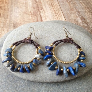 Handmade unique blue stone beads earrings with gold beads/ oriental earrings
