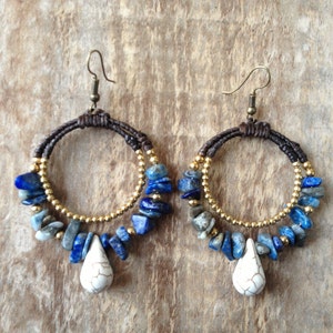 Handmade unique blue stone beaded round earrings with gold and white beads/ oriental earrings