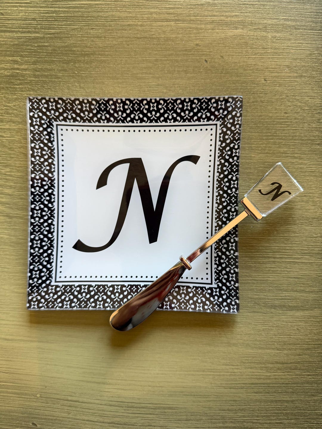Wedded Monogram Monogram N or Monogram I Cheese Plate and Spreader Set in Black and ...