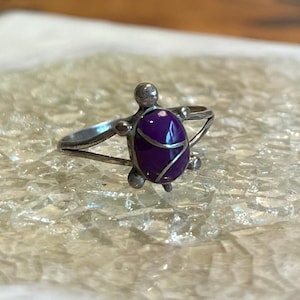 May include: A silver-toned ring featuring a turtle design. The turtle's shell is a vibrant purple with silver accents. The ring has a detailed, artistic design, with the turtle's head and legs clearly defined.
