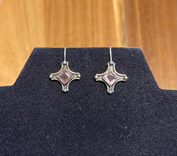 Vintage Faceted Amethyst and Sterling Silver Square Cross Earrings View 2